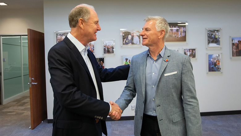 Southwest CEO Bob Jordan (right) shakes hands with former CEO and current chairman Gary Kelly in February 2022. An activist investment firm is calling for both to be removed.