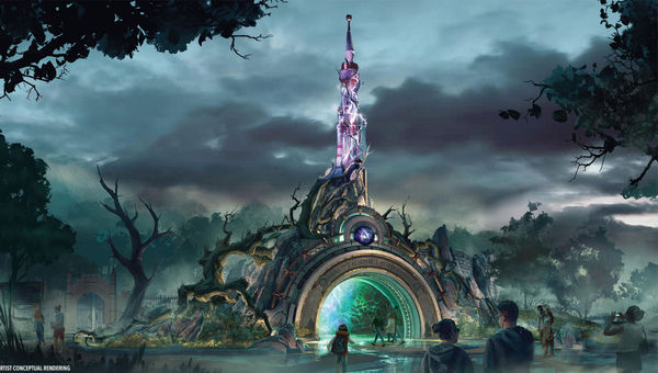 A rendering of the portal entering the Dark Universe section of Epic Universe. A rendering of the portal entering the Dark Universe section of Epic Universe.