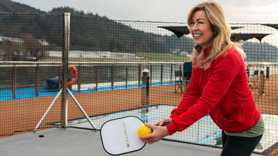 Kristin Karst on the pickleball court aboard the AmaMagna.