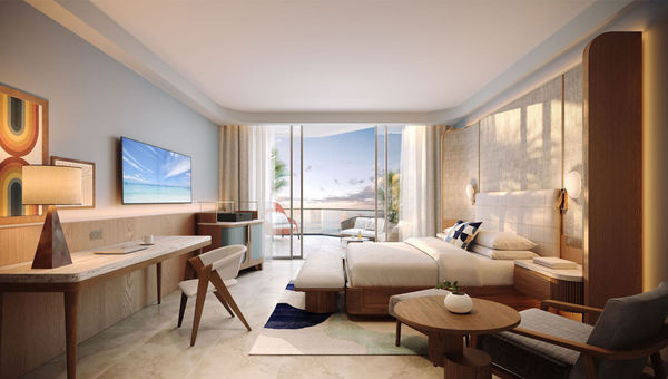 A rendering of a King Room in the new tower at the Hilton Aruba Caribbean Resort & Casino. A rendering of a King Room in the new tower at the Hilton Aruba Caribbean Resort & Casino.