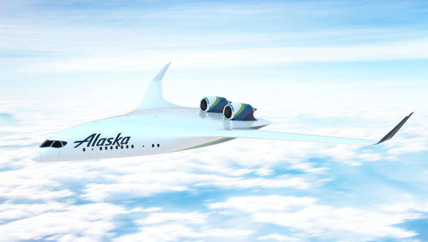 A representation of an Alaska Airlines blended-wing aircraft. A representation of an Alaska Airlines blended-wing aircraft.