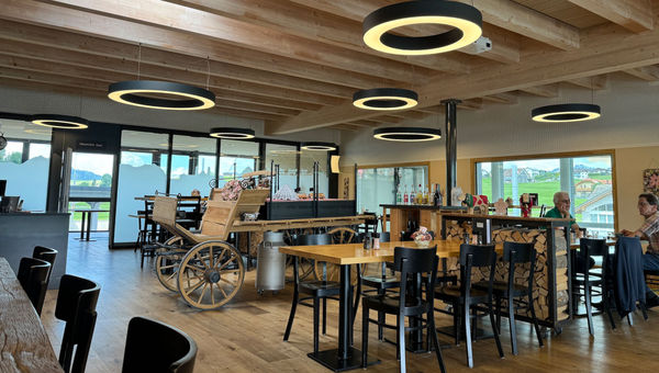 The dining room at Milchmanufaktur, a cheese cooperative in Einsiedeln. The dining room at Milchmanufaktur, a cheese cooperative in Einsiedeln.