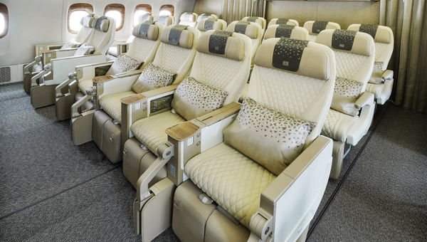 Seats in Emirates' premium economy cabin on refurbished Boeing 777s have 40 inches of space between rows.