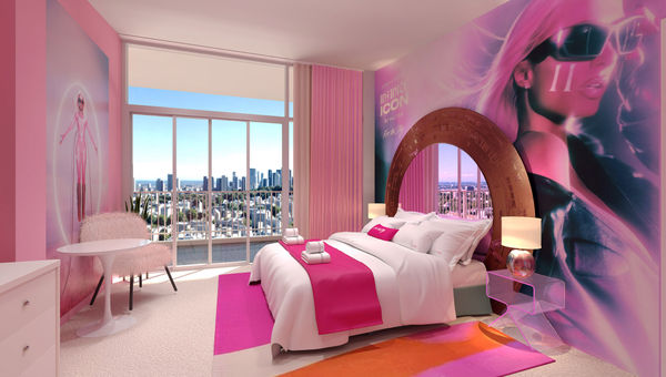 The Paris Hilton suites at the Beverly Hilton are adorned with pink and metallic accents, along with memorabilia associated with the socialite.