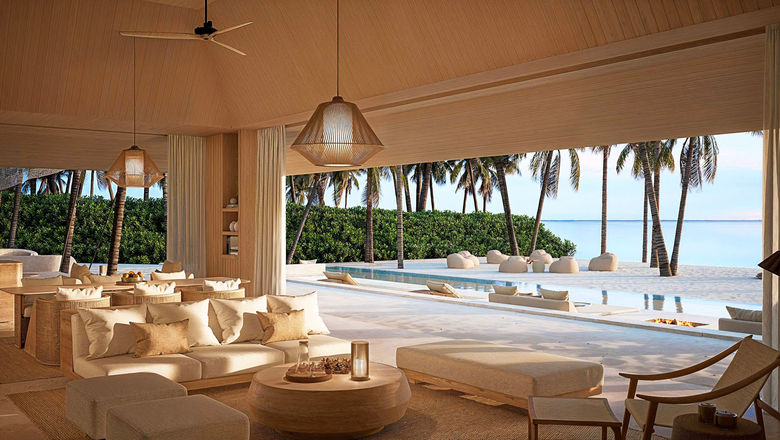 What the outdoor living space for a two-bedroom beach pavilion will look like at the Aman Maldives.