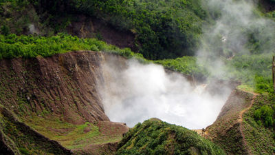 Boiling Lake, one of the world's largest thermal springs and a top tourist destination on Dominica. A cable car system is expected to open this year, making the site more accessible.