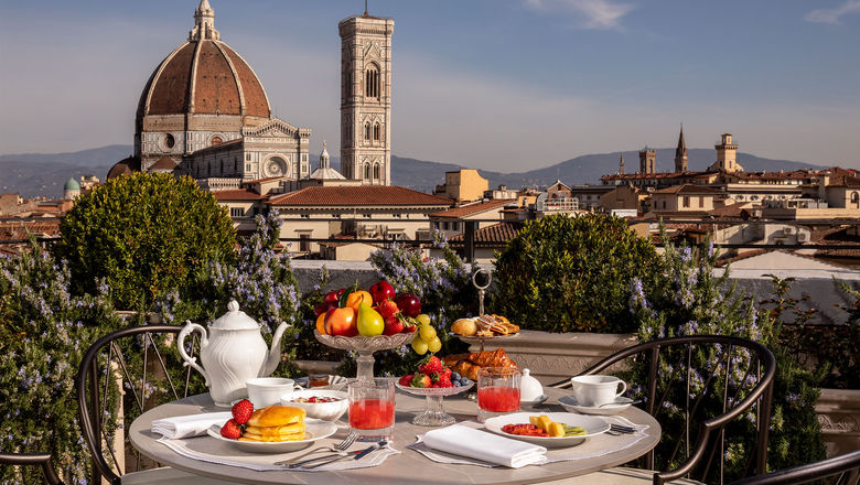 The terrace at the Tivoli Palazzo Gaddi Firenze hotel overlooks Florence’s famous Duomo.