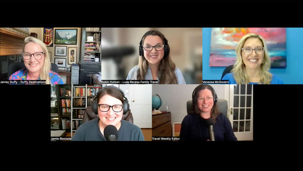 Clockwise from top left: Jamey Duffy of Duffy Destinations, Robin Hutson of Luxe Recess, Gifted chief sales and marketing officer Vanessa McGovern, host Rebecca Tobin and retail editor Jamie Biesiada talk about where holiday bookings will take travelers in 2024.