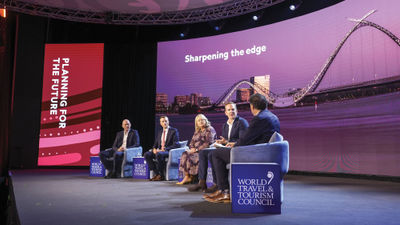 The Sharpening of the Edge panel: From left, Jason Waters, Perth Airport; Brian Beall, National Travel and Tourism Office; Audrey Hendley, American Express Travel; James Thornton, Intrepid Travel; and Arnie Weissmann, Travel Weekly.