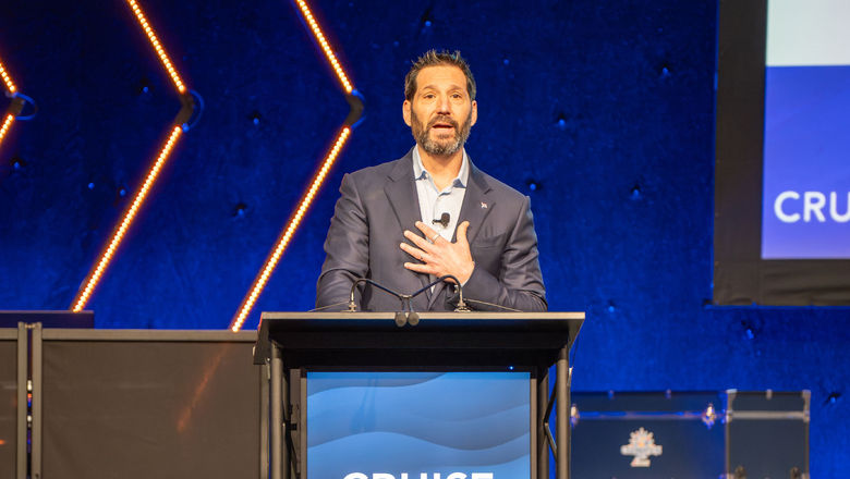Josh Weinstein speaking at Northstar Travel Group's CruiseWorld conference in 2024.