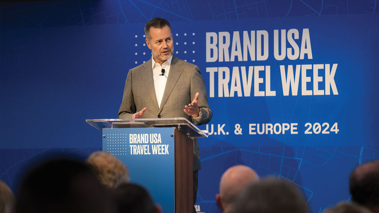 Fred Dixon, Brand USA's CEO, speaking at Brand USA’s Travel Week event in London in October 2024.