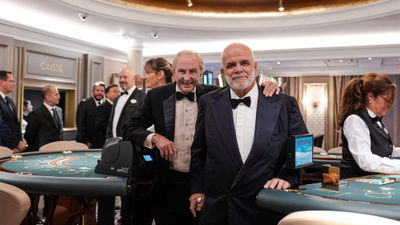 The Crystal Symphony's casino opened during Crystal's Chairmen's Cruise, featuring Geoffrey Kent, founder and chairman emeritus of Abercrombie & Kent (left) and Manfredi Lefebvre, executive chairman of A&K Travel Group.