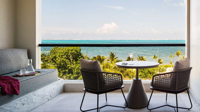 A balcony in an oceanview accommodation at the SLS Playa Mujeres.