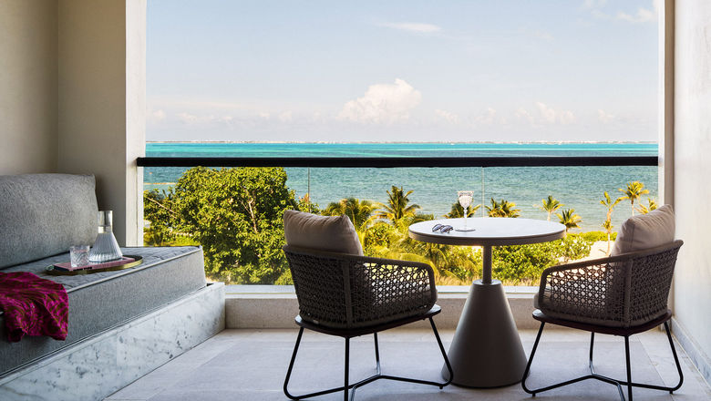 A balcony in an oceanview accommodation at the SLS Playa Mujeres.