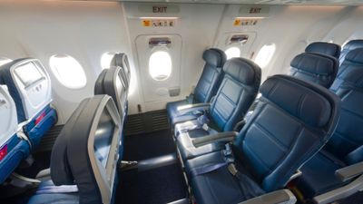 Extra-legroom seats in an exit row on a Delta plane.