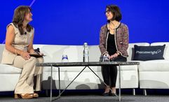 Phocuswright's Mitra Sorrells (left) interviews Expedia Group CEO Ariane Gorin at the Phocuswright Conference.