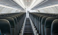 The cabin on an Airbus A321neo jet flown by Frontier Airlines.