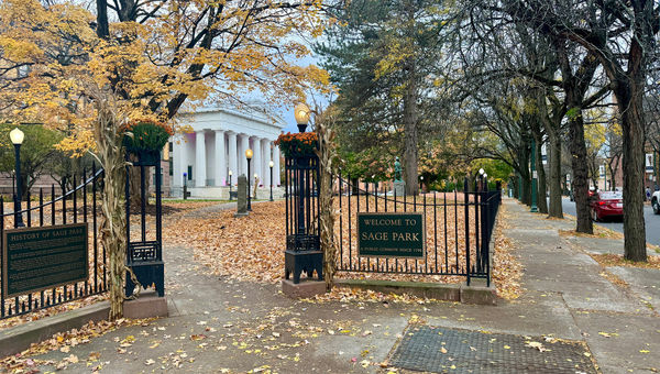 Autumn leaves cover the lawns of Sage Park at Russell Sage College in downtown Troy, N.Y.