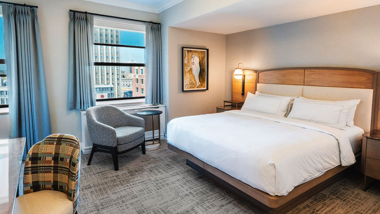 A rendering of a restyled guestroom at the Hilton Milwaukee.
