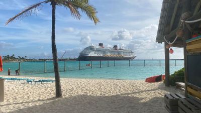 The Disney Treasure docked at Castaway Cay.