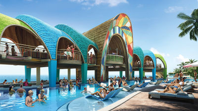 A rendering of one of the pools at the Royal Beach Club in Nassau. Royal Caribbean has opened bookings for the private destination, which is set to open in December.