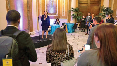 Sen. Amy Klobuchar speaking at the U.S. Travel Association's annual Future of Travel Mobility conference in Washington in November.