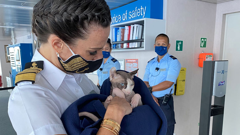 Capt. Kate McCue with her cat, Bug Naked, in 2021 on the bridge of the Celebrity Edge. Bug was a well-known personality among crew and passengers.
