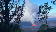 Lava fountains erupt at Kilauea Volcano, as seen from the Kupinai Pali lookout at Hawaii Volcanoes National Park.