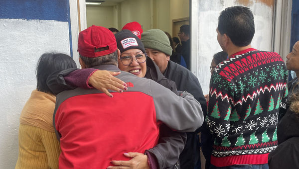 Unite Here Local 2 members embrace after Hilton workers in San Francisco voted to ratify a contract. Unite Here Local 2 members embrace after Hilton workers in San Francisco voted to ratify a contract.
