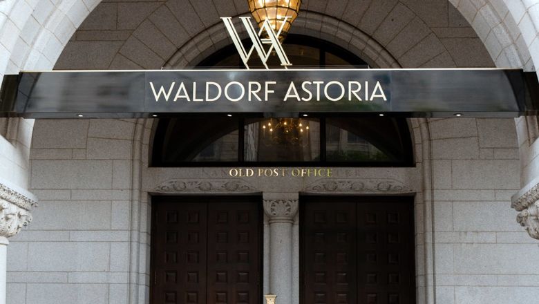 The entrance to the Waldorf Astoria Washington DC, which had been a Trump hotel.