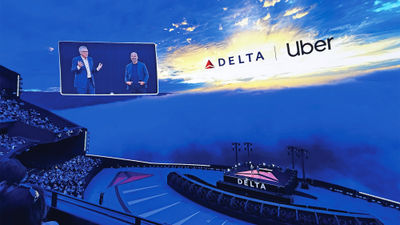 Delta CEO Ed Bastian is joined onstage at the Sphere by Uber CEO Dara Khosrowshahi to announce a new loyalty partnership.