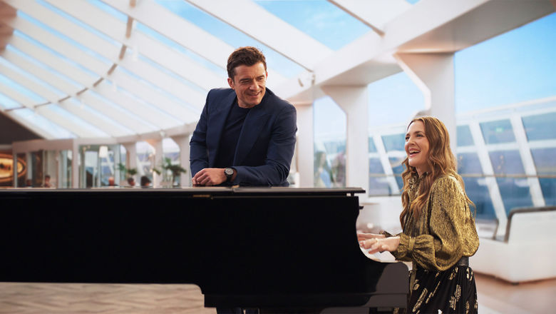 A scene from an MSC Cruises "Let's Holiday" ad, starring Orlando Bloom and Drew Barrymore.