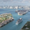 A cruise ship sails into PortMiami, the world's busiest cruise port.