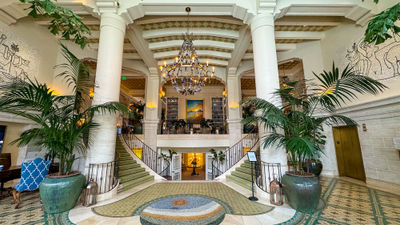 The lobby entrance to the Hotel Casa del Mar in Santa Monica.