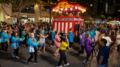The Pan-Pacific Festival celebrates different cultures with song and dance, such as the Japanese bon dance.