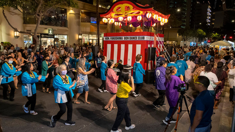 The Pan-Pacific Festival celebrates different cultures with song and dance, such as the Japanese bon dance.