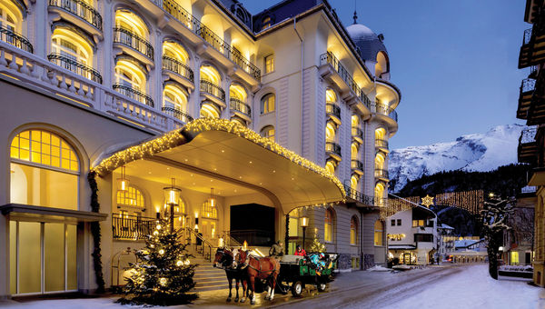 The entrance portico at the Kempinski Palace Engelberg honors the hotel's belle epoque heritage, an era when Engelberg was known as "Little Versailles." The entrance portico at the Kempinski Palace Engelberg honors the hotel's belle epoque heritage, an era when Engelberg was known as "Little Versailles."