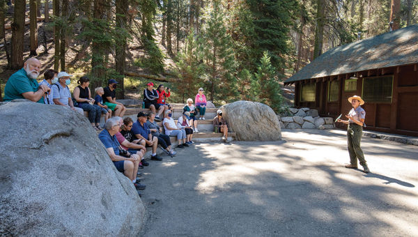 A group with Sunrise Tours attends a National Park Service ranger program in Sequoia National Park. A group with Sunrise Tours attends a National Park Service ranger program in Sequoia National Park.