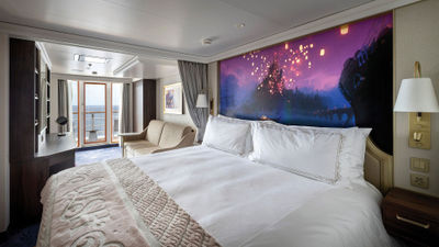This veranda stateroom on the Disney Wish can accommodate five guests. Similar veranda staterooms are available on the Disney Treasure, Disney Dream and Disney Fantasy.