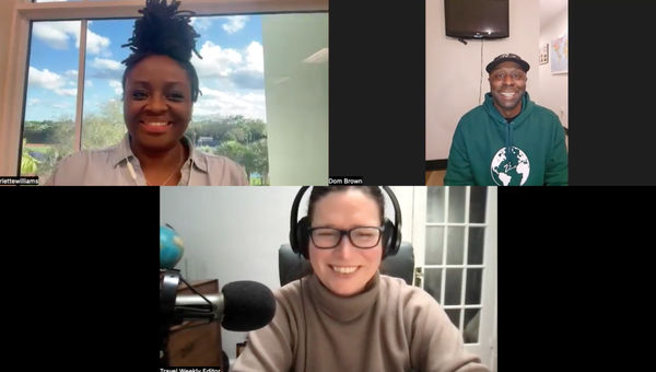 Clockwise from top left: Writer Mariette Williams and Dominic Brown of Tall Travel Eats talk about using social media to speak to the Black travel and food communities with Folo host Rebecca Tobin. Clockwise from top left: Writer Mariette Williams and Dominic Brown of Tall Travel Eats talk about using social media to speak to the Black travel and food communities with Folo host Rebecca Tobin.