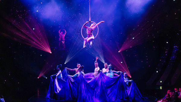 A performer on an aerial hoop represents Hina, the Hawaiian moon goddess, during "Auana" at the Outrigger Waikiki Beachcomber Hotel. It's Cirque du Soleil's first resident show in Hawaii. A performer on an aerial hoop represents Hina, the Hawaiian moon goddess, during "Auana" at the Outrigger Waikiki Beachcomber Hotel. It's Cirque du Soleil's first resident show in Hawaii.
