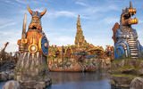 Water features at How to Train Your Dragon -- Isle of Berk with the themed land beyond.
