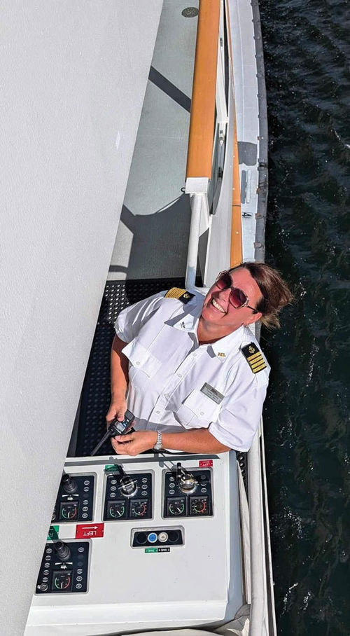 Capt. Andrea Mickelson onboard the American Song. She is joining the American Harmony this season. Capt. Andrea Mickelson onboard the American Song. She is joining the American Harmony this season.