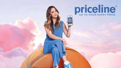 A teaser image from Priceline’s latest advertising campaign featuring actor Kaley Cuoco.
