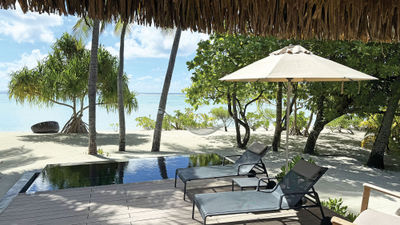 The private deck, pool and beach outside a one-bedroom villa. Villas at The Brando range in size from 1,000 to 3,000 square feet.