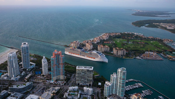 An aerial view of the new MSC World America in Miami. An aerial view of the new MSC World America in Miami.