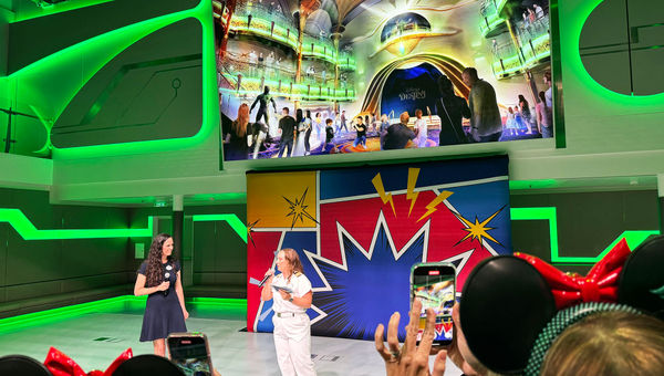 Imagineers and the Disney Cruise Line assistant cruise director talk through some of the features of the upcoming Disney Destiny, including a rendering showing a revised design for the ship’s atrium. Loki is up on the balcony. Imagineers and the Disney Cruise Line assistant cruise director talk through some of the features of the upcoming Disney Destiny, including a rendering showing a revised design for the ship’s atrium. Loki is up on the balcony.