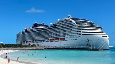 The MSC World America's first call at Ocean Cay MSC Marine Reserve, MSC Cruises' private island in the Bahamas.