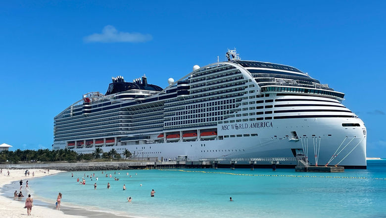 The new MSC World America docked at Ocean Cay MSC Marine Reserve.