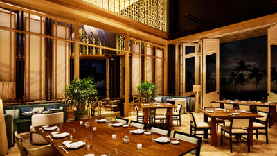 Centrally located and overlooking the ocean and the resort's pools, Nobu's dining space is 13,000 square feet with 35-foot-high ceilings.